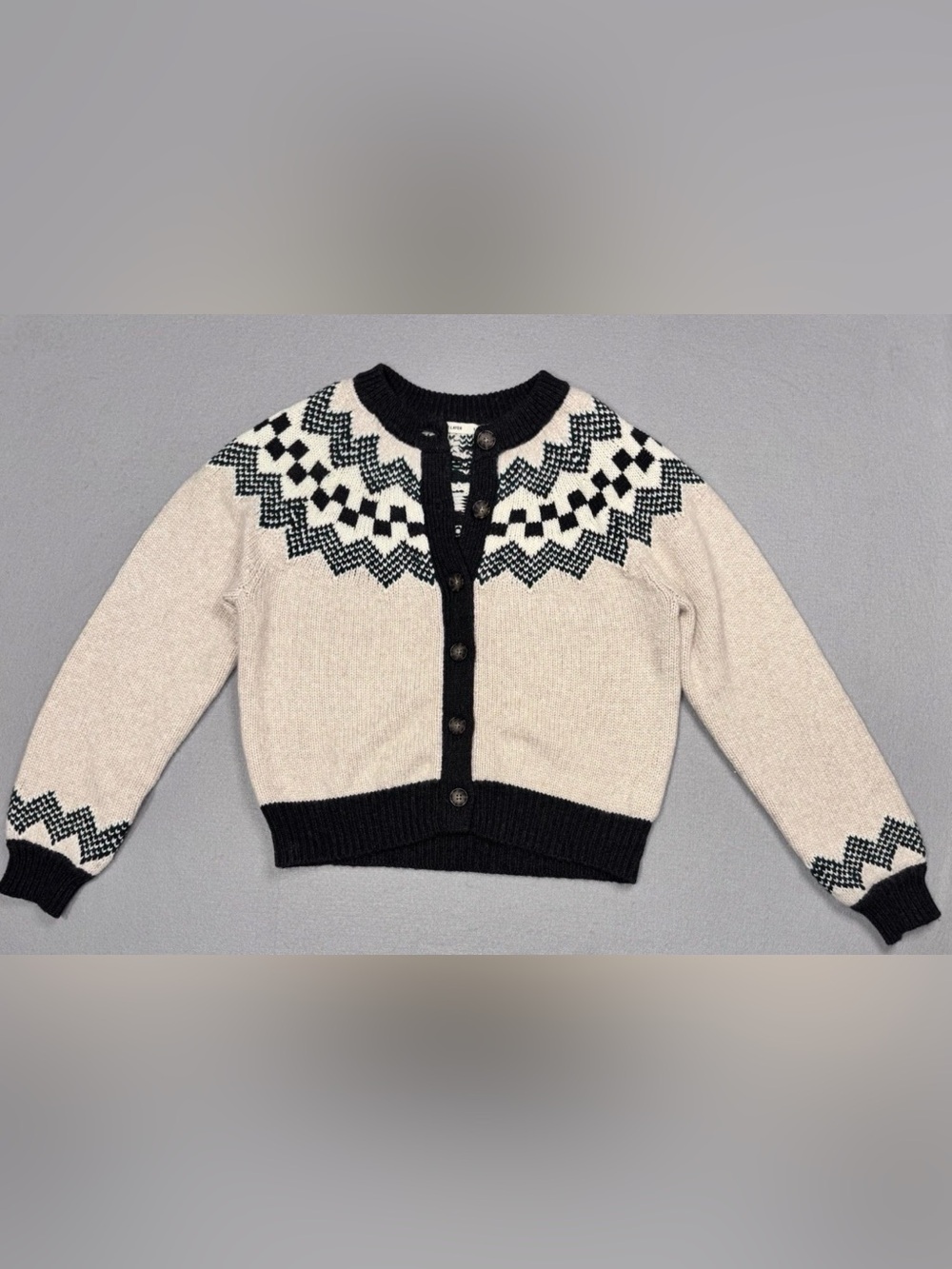 Marine Layer Womens Ava Fair Isle Wool Blend Knit Cardigan In Oatmeal Heather-S - Picture 2 of 5